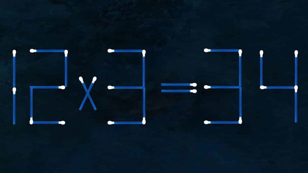 Equação matemática errada formada por palitos de fósforo, com a instrução de corrigir com dois palitos.