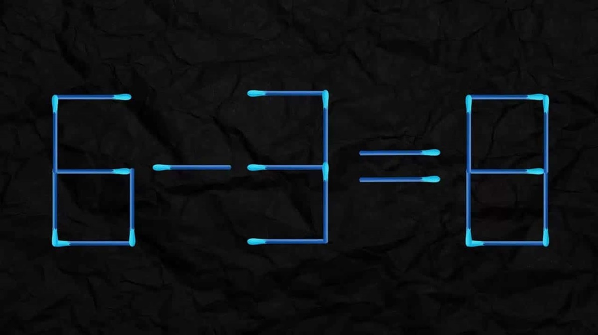Equação formada por palitos de fósforo que precisa ser corrigida movendo apenas um palito. Você consegue? Desafio lógico com palitos de fósforo formando a equação 6 - 3 = 8, onde o objetivo é mover um palito para corrigir a equação.