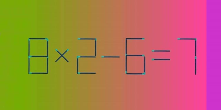 Teste de QI com palitos de fósforo mostrando 8×2-6=7, onde é preciso mover dois palitos para resolver o problema.