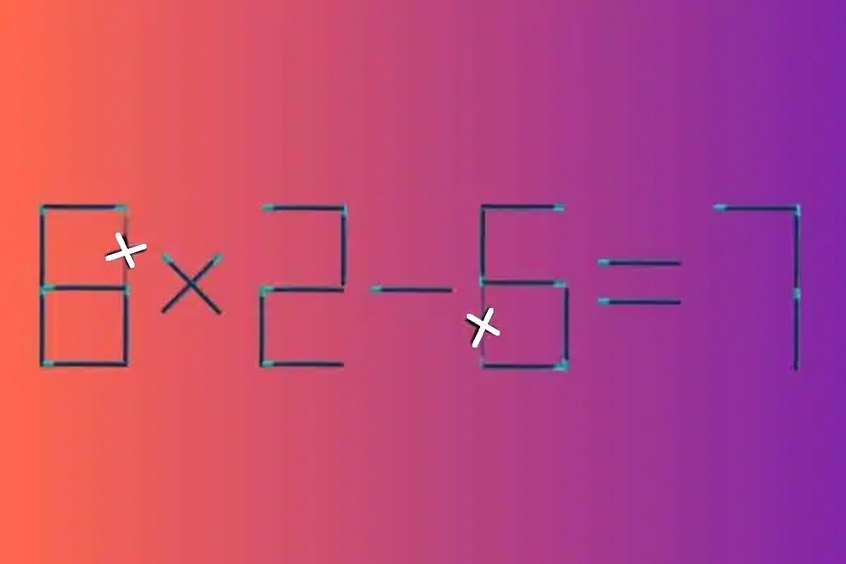 Solução do teste de QI com palitos de fósforo mostrando 8×2-6=7, onde é preciso mover dois palitos para resolver o problema.