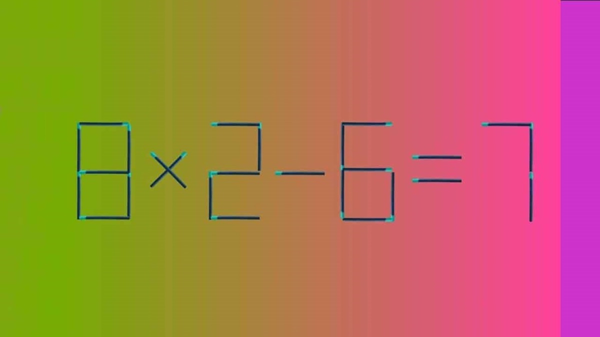 Equação com palitos de fósforo mostrando 8×2-6=7, onde é preciso mover dois palitos para resolver o problema.