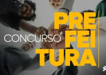 Mãos se unindo em círculo com o texto “Concurso Prefeitura” em destaque, representando a união de pessoas para o concurso.