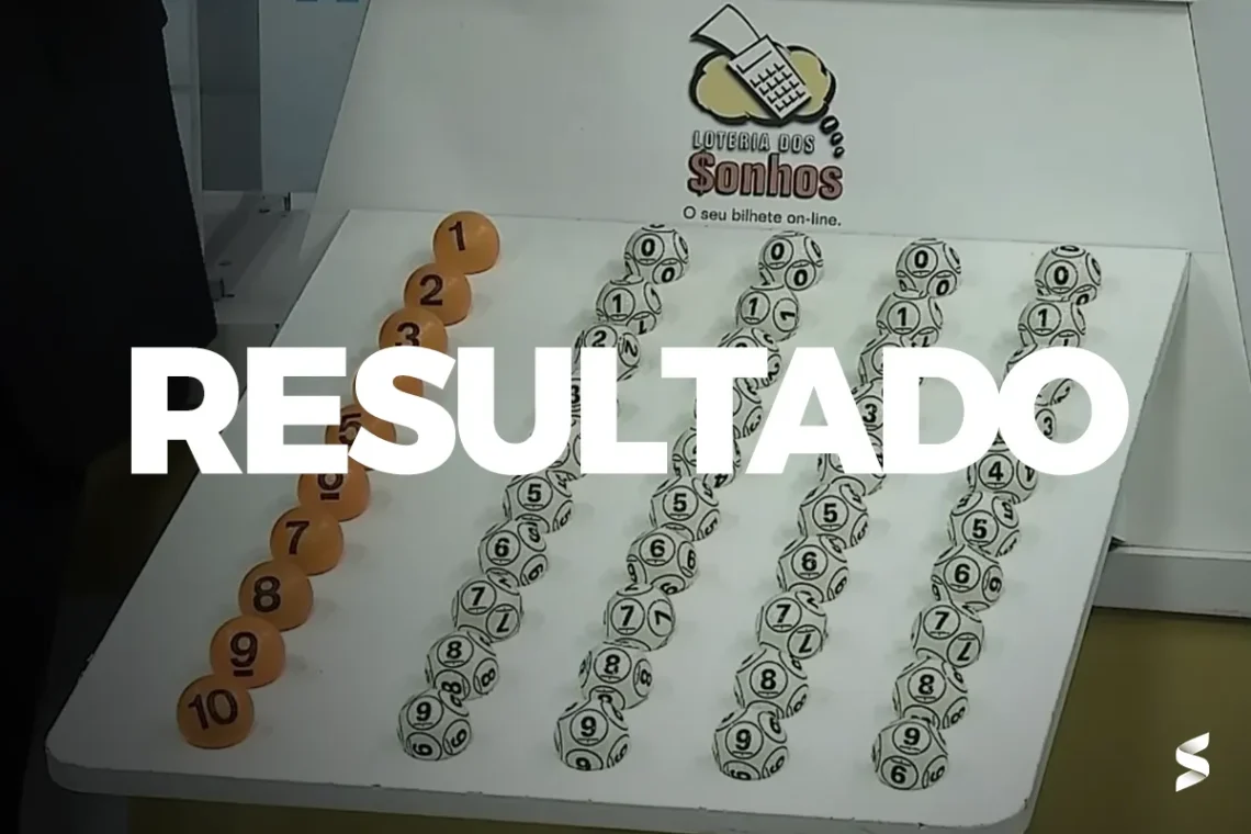 Bolas sorteadas da Loteria dos Sonhos, com números organizados sobre o painel