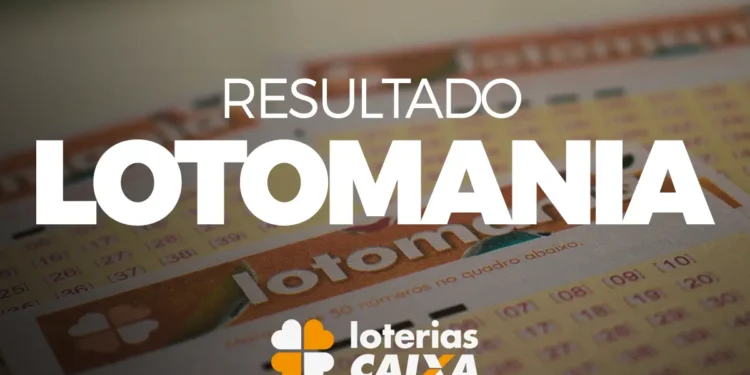 Cartão da LOTOMANIA com números sorteados e logo das Loterias Caixa
