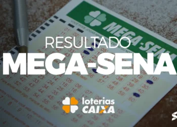 Cartão da Mega-Sena com números marcados e logo das Loterias Caixa