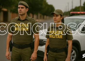 Dois policiais militares em frente a um carro da PM, com a palavra CONCURSO em destaque, chamando atenção para o fim do prazo de inscrição.
