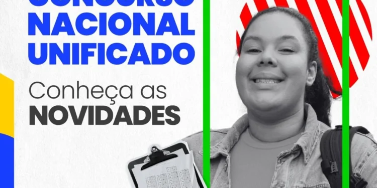 Estudante sorrindo com mochila nas costas ao lado do título sobre o Concurso Nacional Unificado 2025,