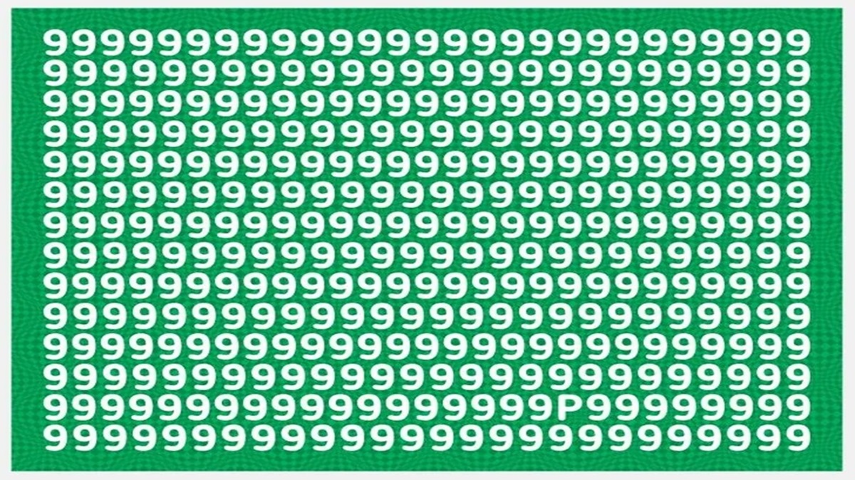 Em um mar de números 9, uma letra P está escondida. Você consegue localizar? Desafio de percepção: encontre a letra P entre vários números 9.