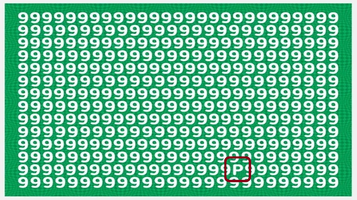Teste Seu Olhar: Onde Está a Letra P no Meio dos 9? Solução do ddeesafio de percepção: encontre a letra P entre vários números 9.