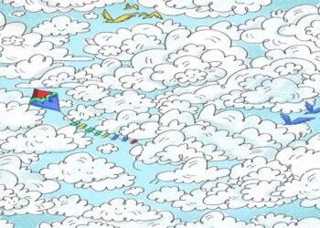 Desafio visual com desenho de várias nuvens com uma pipa colorida voando entre elas e uma ovelha camuflada entre as formas das nuvens.