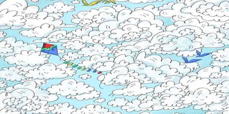 Desafio visual com desenho de várias nuvens com uma pipa colorida voando entre elas e uma ovelha camuflada entre as formas das nuvens.