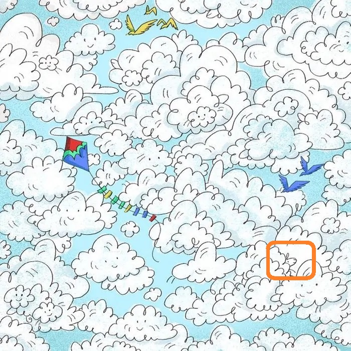 Entre as Nuvens: Onde Está a Ovelha? Solução do desafio visual com desenho de várias nuvens com uma pipa colorida voando entre elas e uma ovelha camuflada entre as formas das nuvens.