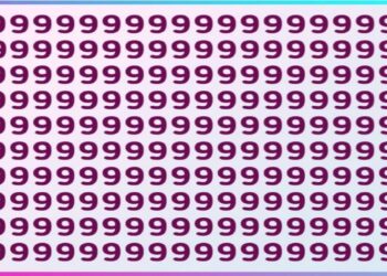 Desafio visual com uma sequência de números 9 com um número 4 oculto no meio.