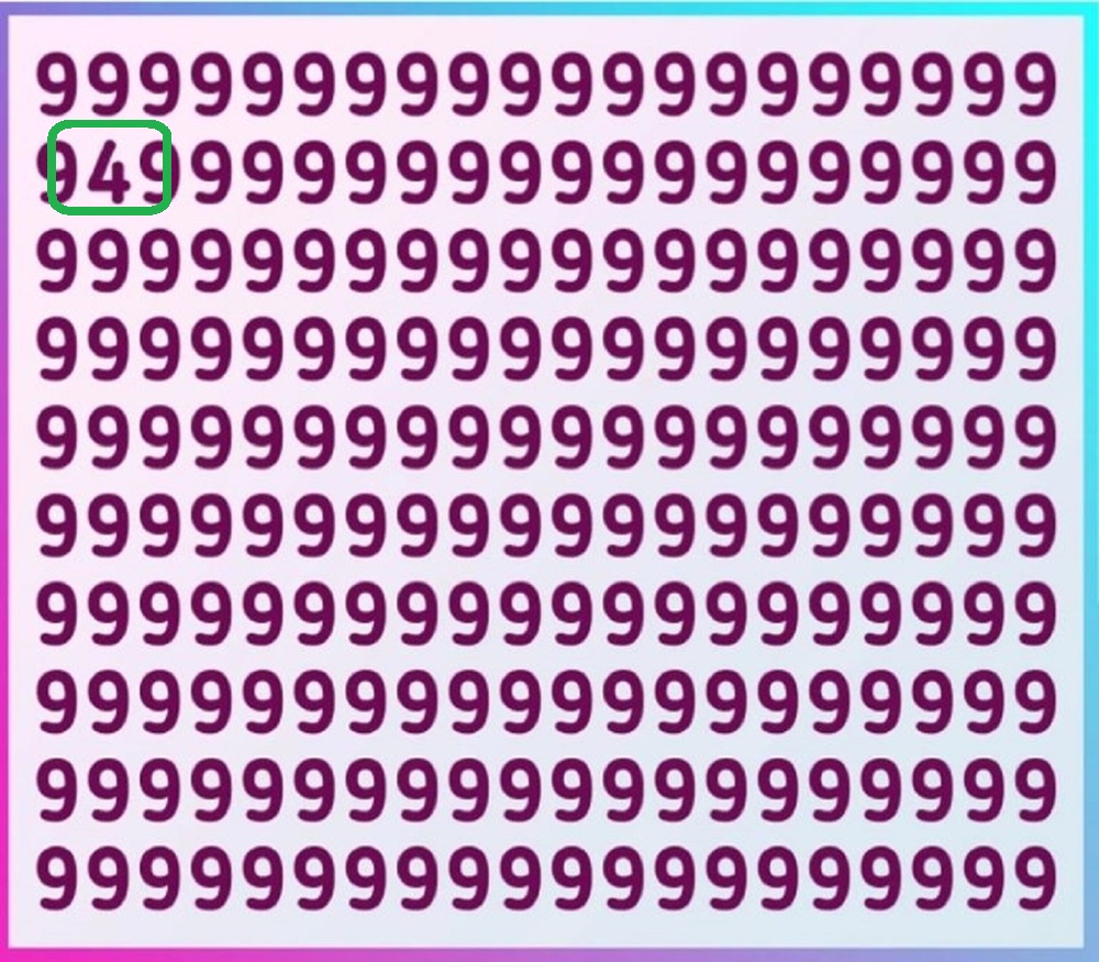 Olhos atentos conseguem achar o número 4 em meio a tantos 9! Solução para o desafio visual com uma sequência de números 9 com um número 4 oculto no meio.