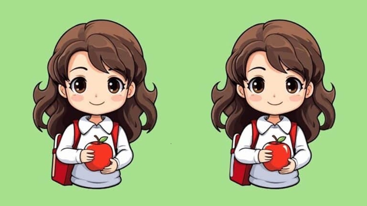 À primeira vista parecem iguais, mas quatro diferenças estão escondidas entre essas duas versões da mesma cena. Duas imagens semelhantes de uma menina segurando uma maçã, usadas em jogo das diferenças.