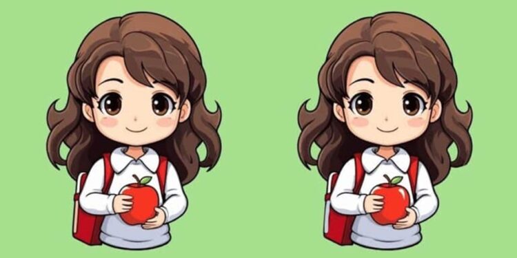 Desafio visual com duas imagens semelhantes de uma menina segurando uma maçã, usadas em jogo das diferenças.