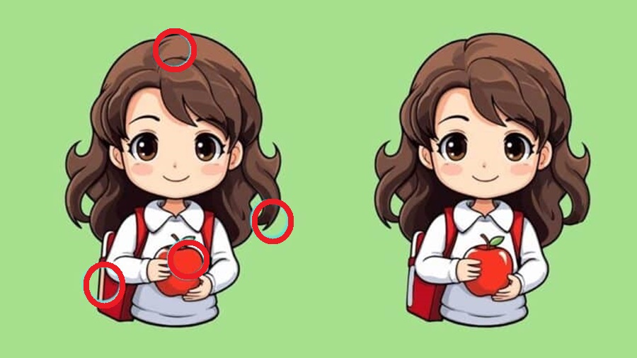 Consegue encontrar as 4 diferenças entre essas duas imagens? Solução para o desafio visual com duas imagens semelhantes de uma menina segurando uma maçã, usadas em jogo das diferenças.Consegue encontrar as 4 diferenças entre essas duas imagens?