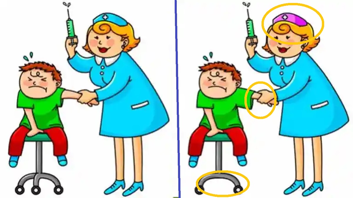 Encontre as 3 diferenças entre a enfermeira e o garoto na imagem Solução do desafio visual mostrando uma enfermeira aplicando vacina em um garoto, com diferenças entre as duas cenas