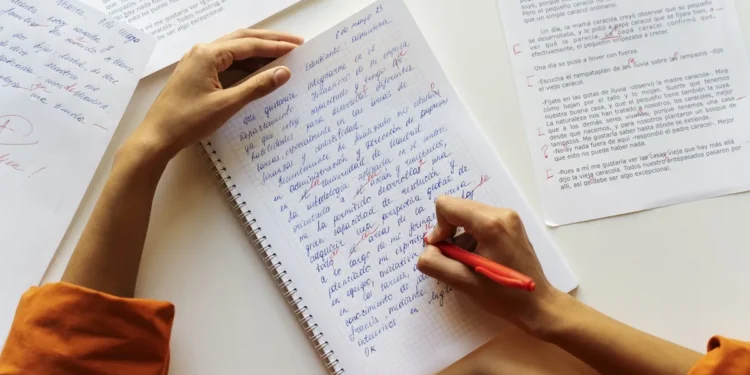 Pessoa corrigindo erros gramaticais em uma redação, destacando a importância da revisão