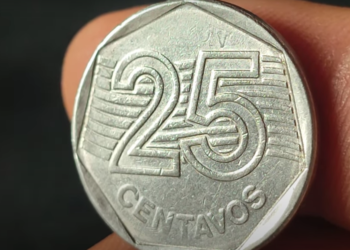 Moeda de 25 centavos de 1994 com defeito de cunhagem rara.