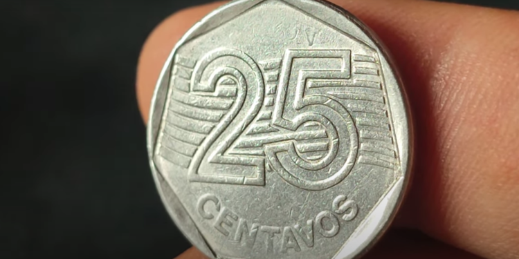 Moeda de 25 centavos de 1994 com defeito de cunhagem rara.