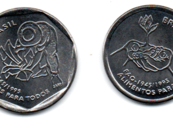 Moeda de 25 centavos de 1995, edição FAO, com reverso e anverso destacados.