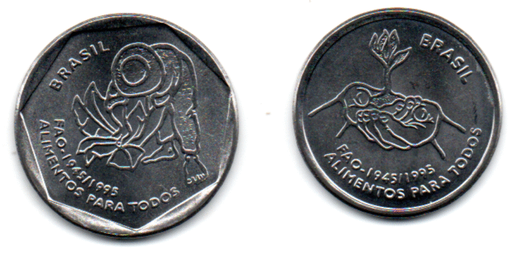 Moeda de 25 centavos de 1995, edição FAO, com reverso e anverso destacados.