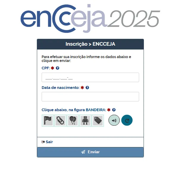 Primeira etapa do processo de inscrição no Encceja 2025 Tela de login do sistema de inscrição do Encceja 2025 com campos de CPF, data de nascimento e verificação por imagem