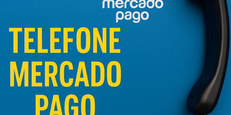 Imagem mostrando o telefone do Mercado Pago com o logo da empresa ao lado, em um fundo azul contrastante.