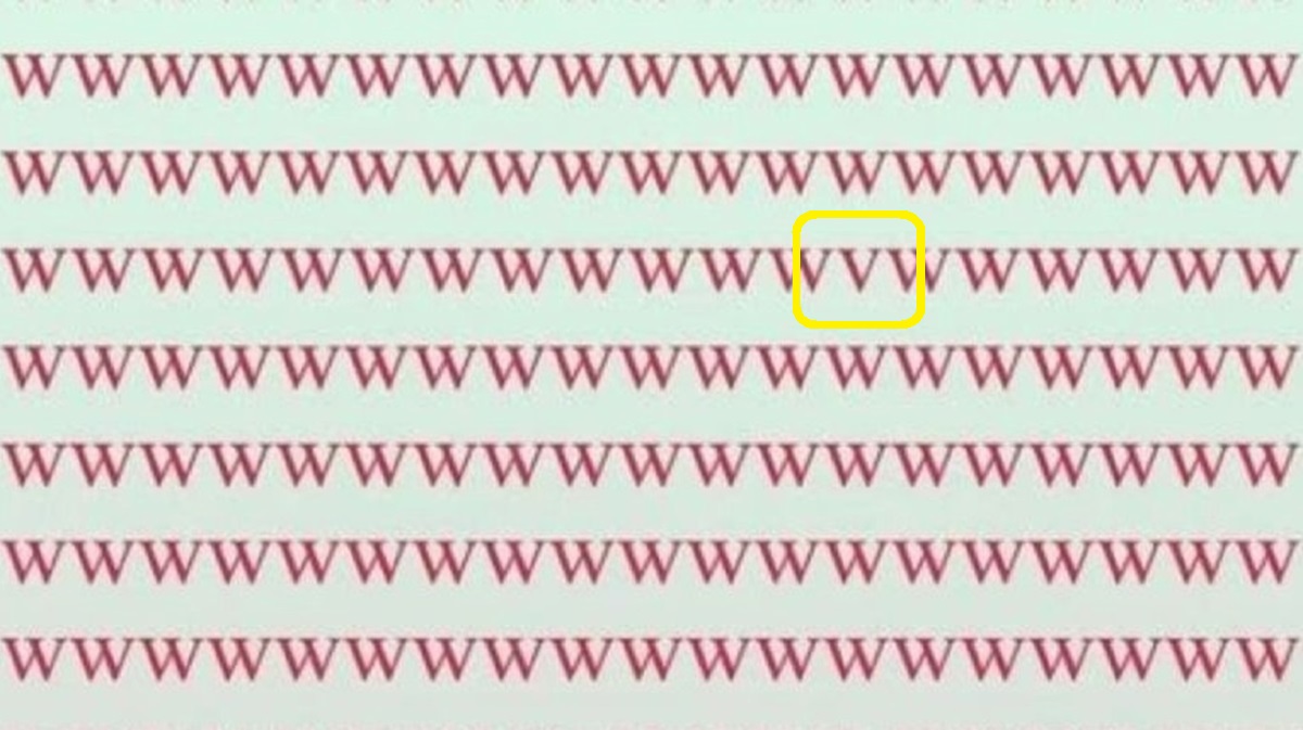 Desafio Visual: Onde Está a Letra 'V' entre os 'W'? Solução do teste de QI com várias repetições da letra 'W' organizadas em linhas, com uma letra 'V' disfarçada entre elas