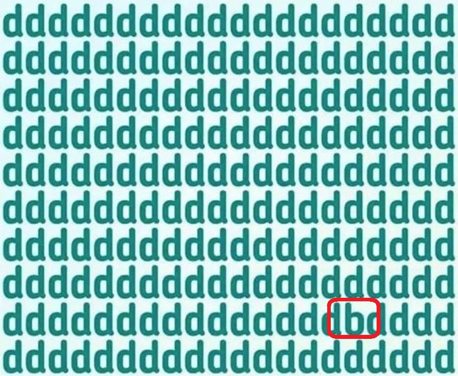 Você consegue identificar a letra diferente? Onde está o “b” escondido? Solução do teste de QI com letras "d" com uma única letra "b" escondida entre elas.
