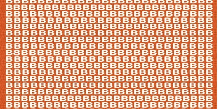 Teste de QI com letras "B" brancas sobre fundo laranja, com um número 8 disfarçado entre elas como parte de um desafio visual.