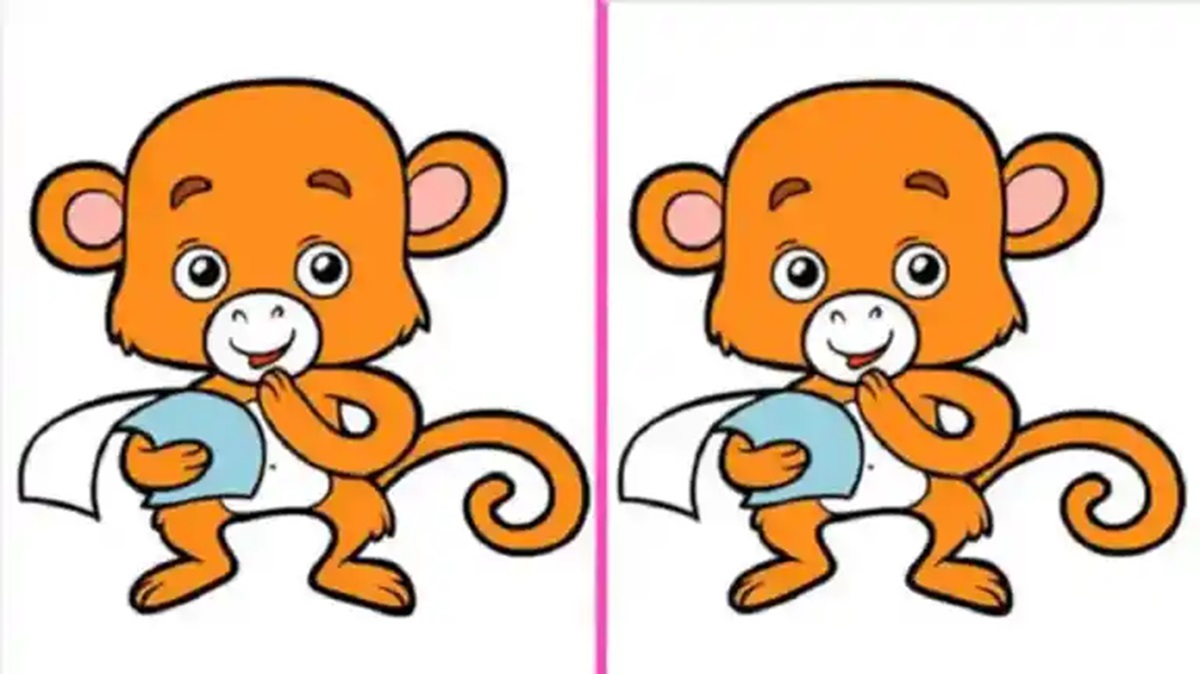 Compare os detalhes e encontre o que muda nas duas versões deste simpático macaquinho Desenho de dois macacos laranja segurando um pano azul com pequenas diferenças entre as imagens