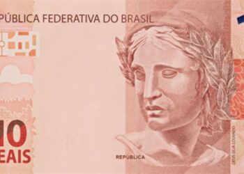 Cédula de 10 reais com detalhes nítidos da efígie da República, mostrando características importantes para identificação de valor numismático.