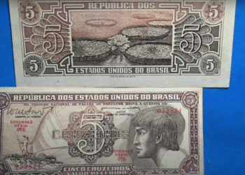 Cédula de 5 cruzeiros com imagem de indígena e Vitória Régia, possível item raro da numismática brasileira
