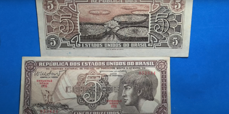 Cédula de 5 cruzeiros com imagem de indígena e Vitória Régia, possível item raro da numismática brasileira