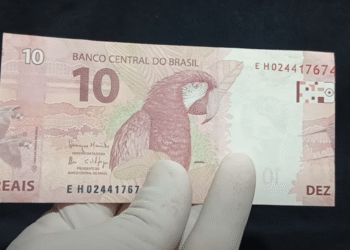 Nota de R$ 10 com defeito raro no número de série E H024417674