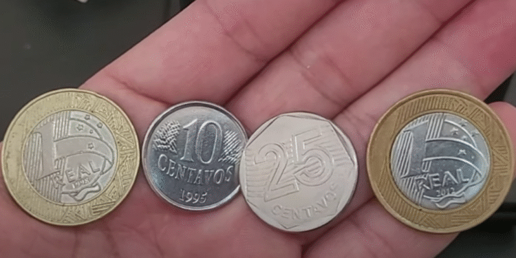 Moedas raras do Plano Real com baixa tiragem: 1 real 1998, 10 centavos 1995, 25 centavos e 1 real 2012