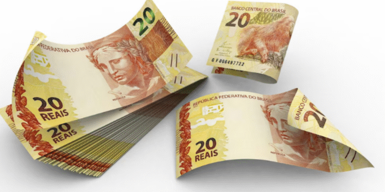 Cédulas de 20 reais sobre superfície branca representando dinheiro e colecionismo