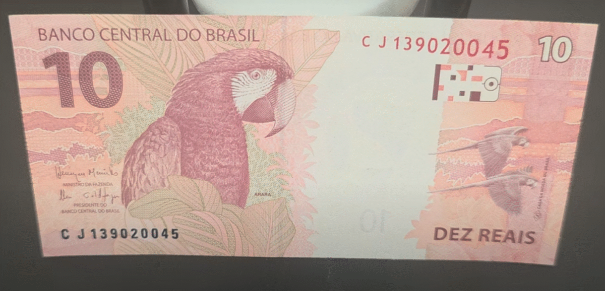 Cédula de 10 reais com desenho da arara em destaque, nota rara e valiosa