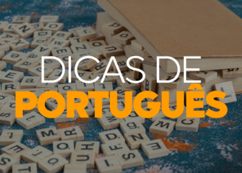 Imagem ilustrativa com peças de letras e livros, destacando o tema “Dicas de Português”