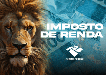 Leão representando o Imposto de Renda 2025 com cédulas brasileiras ao fundo
