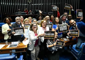 Grupo de senadores celebrando a aprovação da Lei de Cotas no Senado, com cartazes dizendo 'Eu voto sim pela Lei de Cotas'.