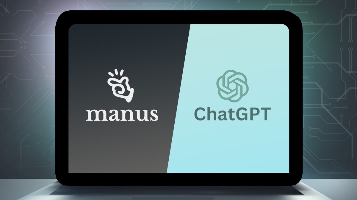 ChatGPT ou Manus: Qual a melhor IA para você? Imagem: TechRadar Logos do ChatGPT e do Manus lado a lado em fundo dividido nas cores verde e preto.
