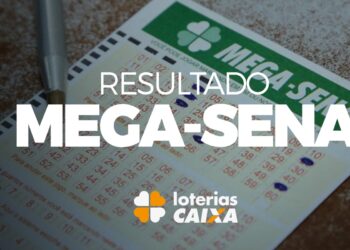 Bilhete da Mega-Sena com números marcados e caneta ao lado, com texto destacando o resultado da Mega-Sena e logo da Loterias Caixa