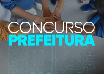 Mãos unidas simbolizando trabalho em equipe, com texto sobre concurso da prefeitura.