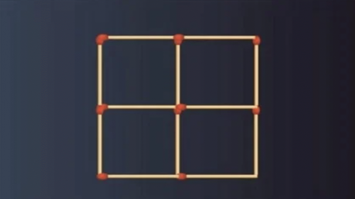 Desafio dos Palitos: Mova Apenas Dois e Forme Sete Quadrados! Desafio matemático com quatro quadrados formados por palitos de fósforo sobre fundo escuro