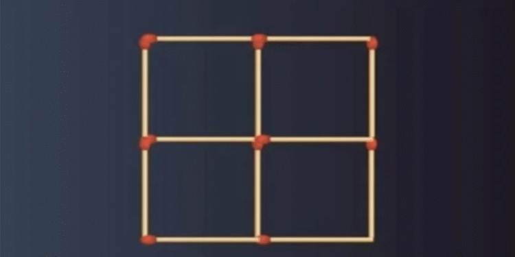 Desafio matemático com quatro quadrados formados por palitos de fósforo sobre fundo escuro