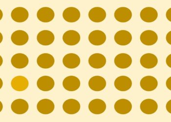 Desafio visual com pontos marrons iguais, exceto um círculo amarelo diferente
