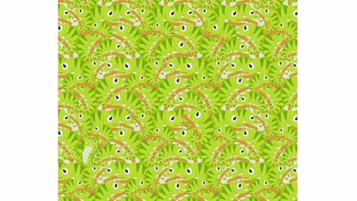 Imagem divertida mostrando camaleões verdes camuflados, com um crocodilo disfarçado entre eles, desafiando o olhar atento. Camaleões verdes camuflados em folhas com um crocodilo escondido entre eles